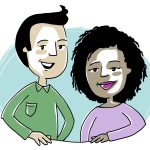 Deux personnages en discussion, l’homme à gauche est Roger, la femme à droite est Roxane.