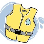 Un gilet de sauvetage de couleur jaune, avec une ceinture de couleur grise et une boucle noire au centre. Une auréole de couleur grise sur le fond, et dont une forme de gouttes s’en échappe.