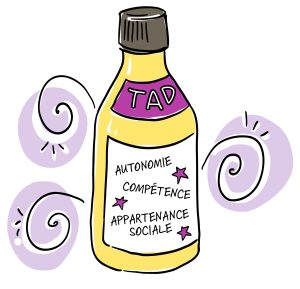 Une bouteille de couleur jaune avec une étiquette violette en haut. Sur l’étiquette, le mot “TAD” en grandes lettres. En dessous, trois mots sont inscrits : “AUTONOMIE,” “COMPÉTENCE,” et “APPARTENANCE SOCIALE,” chacun accompagné d’une petite étoile. Il y a aussi des motifs décoratifs autour de la bouteille.