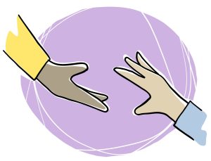 Deux mains tendues l’une vers l’autre sur un fond circulaire. Le dessin suggère l’entraide.