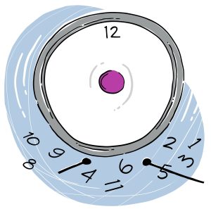 Une horloge vide, dont les chiffres de 1 à 11 ainsi que les deux aiguilles semblent avoir glissé et tombés juste devant. Seul le chiffre 12 est à sa place.