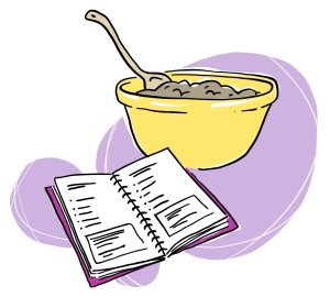 Un bol jaune remplit de nourriture et contient une cuillère. Un carnet est posé à côté, ouvert avec un texte visible, il suggère un livre de recettes.