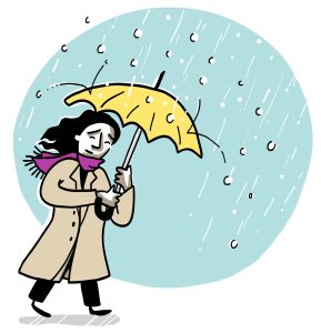 Une personne marche sous la pluie tenant un parapluie jaune. La personne porte un manteau long et une écharpe, et semble lutter contre le vent. Le fond est composé de gouttes de pluie tombant dans une zone circulaire.