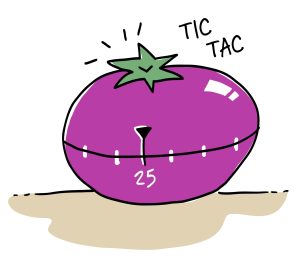 Une minuterie de cuisine rétro, sous forme de tomate en plastique. L’objet a les mots “TIC TAC” écrits au-dessus en lettres majuscules.