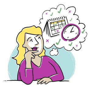 Une personne aux cheveux blonds, l’index sous la lèvre inférieure et le pousse sous le menton, elle semble être en pleine réflexion. Au-dessus de cette personne se trouve une bulle de pensée contenant une image d’un calendrier avec certaines dates marquées par des coches et des croix, ainsi qu’une image d’horloge.