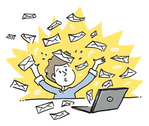 Une personne assise à un bureau avec un ordinateur portable ouvert devant elle. Partout autour de la personne, une explosion exagérée d’enveloppes rayonne vers l’extérieur, suggérant une quantité écrasante de courriels ou de messages reçus.
