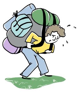 Une personne porte un grand sac à dos lourdement chargé. La personne est courbée, et il y a des gouttes de sueur près de la tête de la personne, indiquant un effort ou un inconfort. Le sac à dos a divers objets attachés, y compris ce qui ressemble à un sac de couchage.