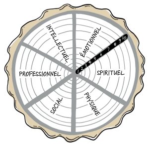 Un diagramme circulaire sous forme de tarte, des cercles partent du centre vers l’extérieur, numérotés de 1 à 10. Le diagramme est divisé en six segments, chacun étiqueté avec un aspect du bien-être : “ÉMOTIONNEL,” “SPIRITUEL,” “PHYSIQUE, “INTELLECTUEL,” ” “PROFESSIONNEL,” et “SOCIAL.”