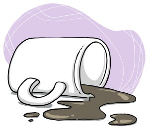 Une tasse blanche simple renversée. Le café qui y était contenu s’est répandu, formant une flaque sur la surface en dessous. Le liquide a légèrement éclaboussé et il y a de petites gouttelettes autour de la flaque principale.