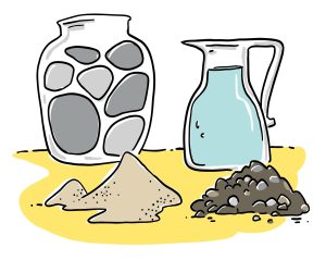 Une illustration d’un vase empli de gros cailloux, un pichet remplis d’eau, et deux tas l’un de forme granulaire et l’autre de sable.