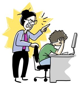 ux personnes devant un bureau. Une personne est assise devant l’ordinateur, la tête appuyée entre les deux mains, semblant accablée par les propos de la personne derrière lui. L’autre personne porte une coiffure sévère et se tient derrière lui pointe le doigt au-dessus de sa tête, la personne debout a une forme étoilée qui suggère l’intensité.