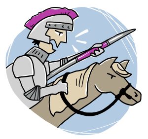 Un cavalier en armure chevauchant un cheval. Le chevalier porte un casque et tient une lance avec une pointe. Le cheval semble suggérer le mouvement ou la vitesse.