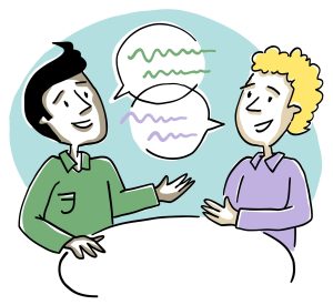 Deux personnages en train de converser. Des bulles de dialogue chacune tournée vers l’une ou l’autre personne et contiennent des lignes ondulées représentant le dialogue. Ils sont assis à une table partiellement visible.