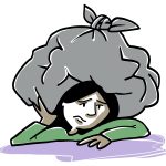 Une personne se repose sur son bras, elle semble affaissée par le poids d’un gros sac noir de déchets, qu’elle retient avec l’autre main.