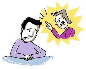 Deux personnages, celui de gauche semble très abattu avec la tête inclinée. Le personnage de droite figure dans une forme étoilée suggérant l’intensité, la bouche ouverte, comme s’il criait, et un bras levé avec un doigt pointé sur l’autre, indique une réprimande.