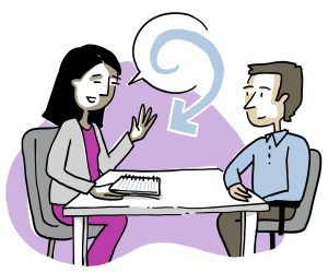 Deux personnes assises face à face et semblent dialoguer, la personne de gauche est une femme assise sur un fauteuil confortable avec un carnet à la main, une bulle de discussion contient une flèche en spirale qui revient vers elle. La personne en face semble l’écouter attentivement.
