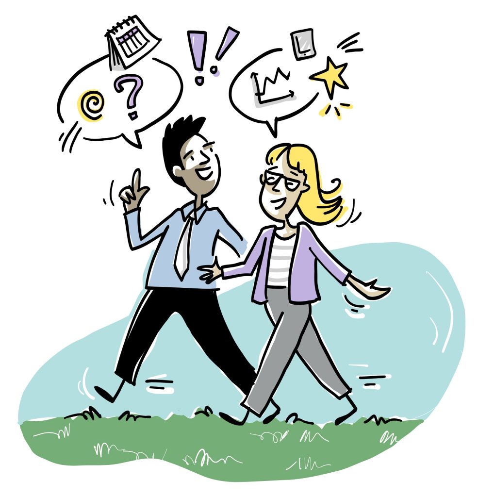 Deux personnages semblent converser en marchant. Chacune a une bulle au-dessus de la tête qui porte des inscriptions diverses : point d’interrogation, étoiles, calendrier, diagramme ...