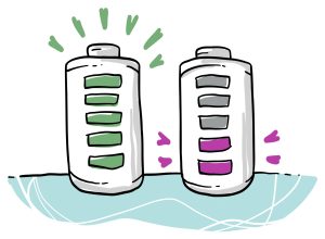 Deux batteries graduées celle de droite a les deux niveaux du bas colorés de rouge, et celle de gauche a toutes les graduations colorées de vert indiquant qu’elle est pleine.