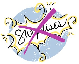 Une inscription « surprises » est écrite sous une croix et entourée d’une bulle aux formes de lignes cassées suggérant une énergie.