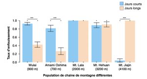 Un graphique à barre présente le taux d’enfouissement moyen pour 5 populations lorsqu’elles sont élevées en laboratoire sous une photopériode longue ou courte.